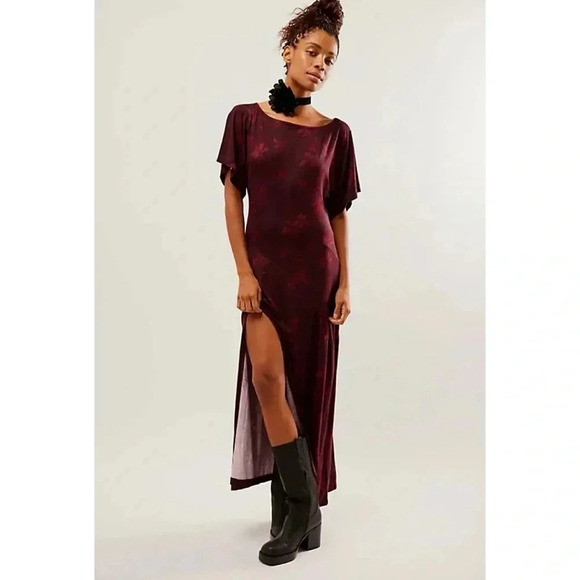 NWT Free People Jace Maxi Dress Floral Slit Red Short Sleeve Lightweight - Picture 1 of 14
